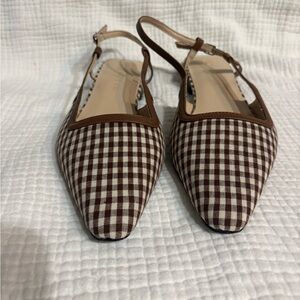 Ivy City Co Brown and Cream Gingham Pointed Slingback Flats